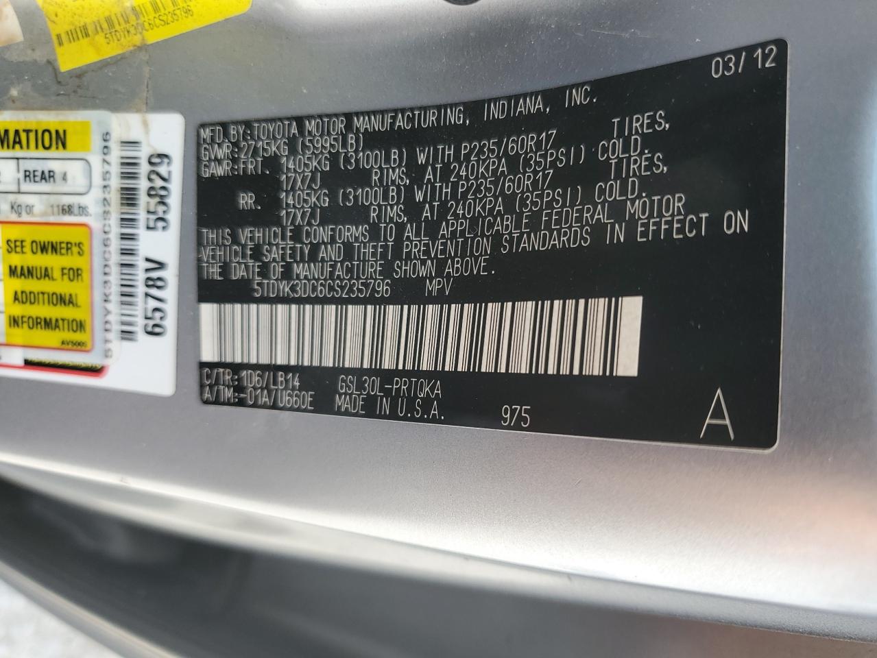 2012 Toyota Sienna Xle VIN: 5TDYK3DC6CS235796 Lot: 70565525