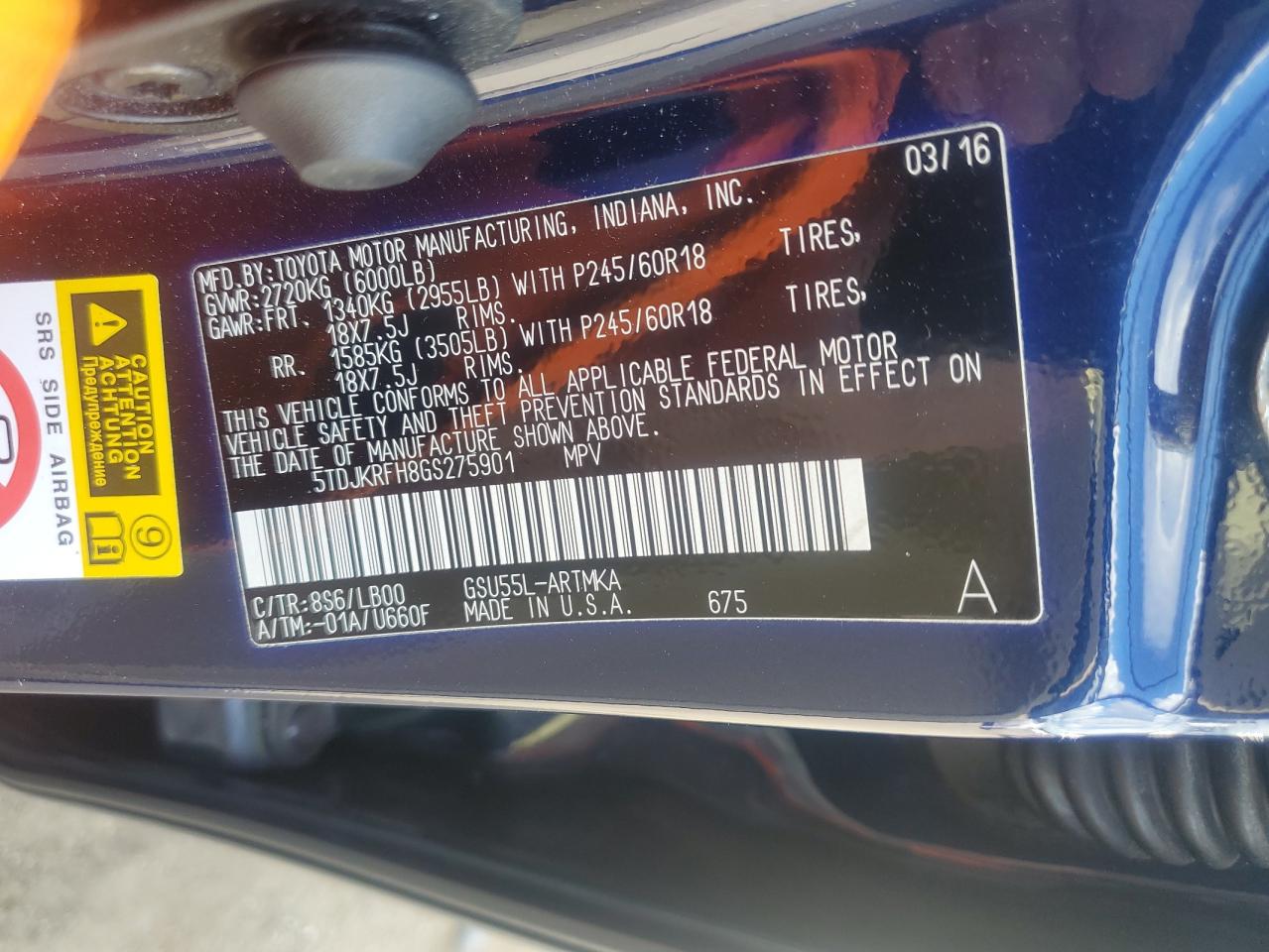 2016 Toyota Highlander Xle VIN: 5TDJKRFH8GS275901 Lot: 71166305