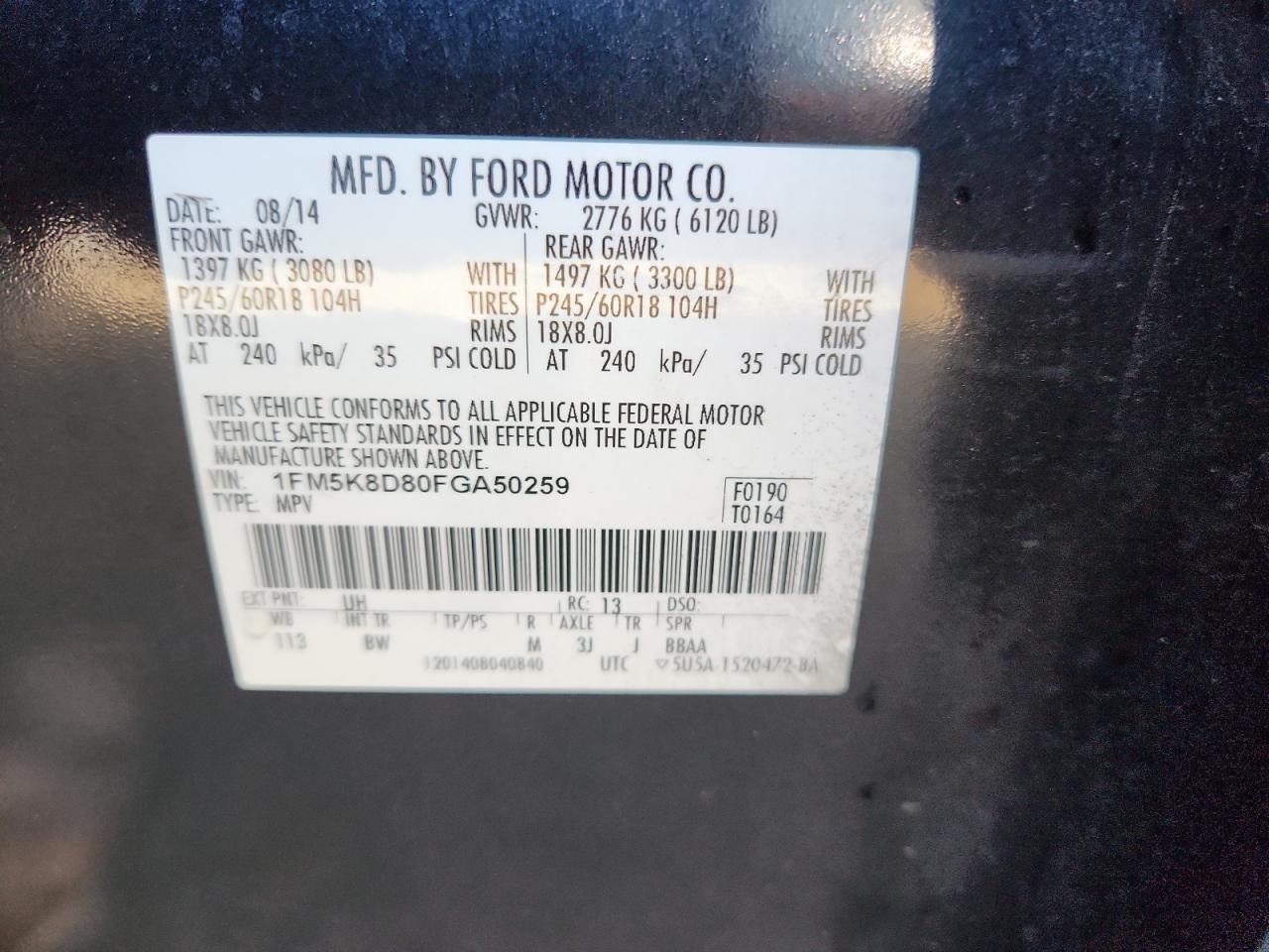 2015 Ford Explorer Xlt VIN: 1FM5K8D80FGA50259 Lot: 71895895