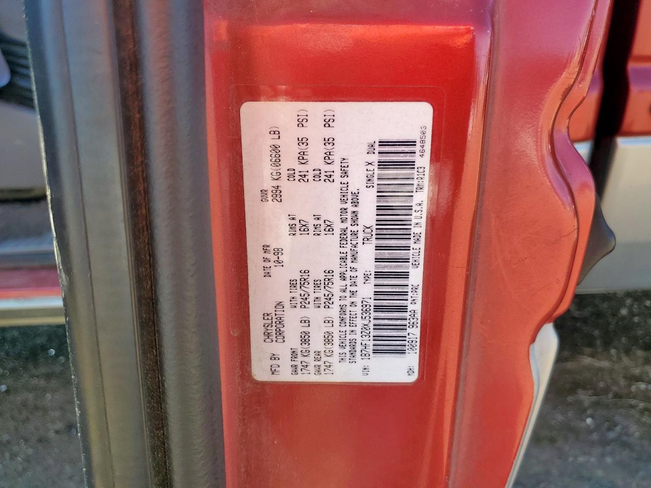 1999 Dodge Ram 1500 VIN: 1B7HF13Z0XJ536971 Lot: 84033895