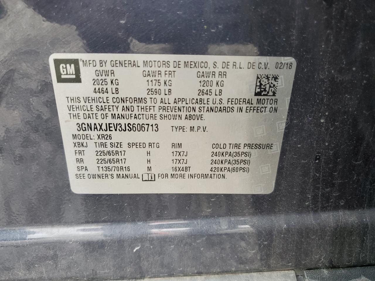 2018 Chevrolet Equinox Lt VIN: 3GNAXJEV3JS606713 Lot: 70768725