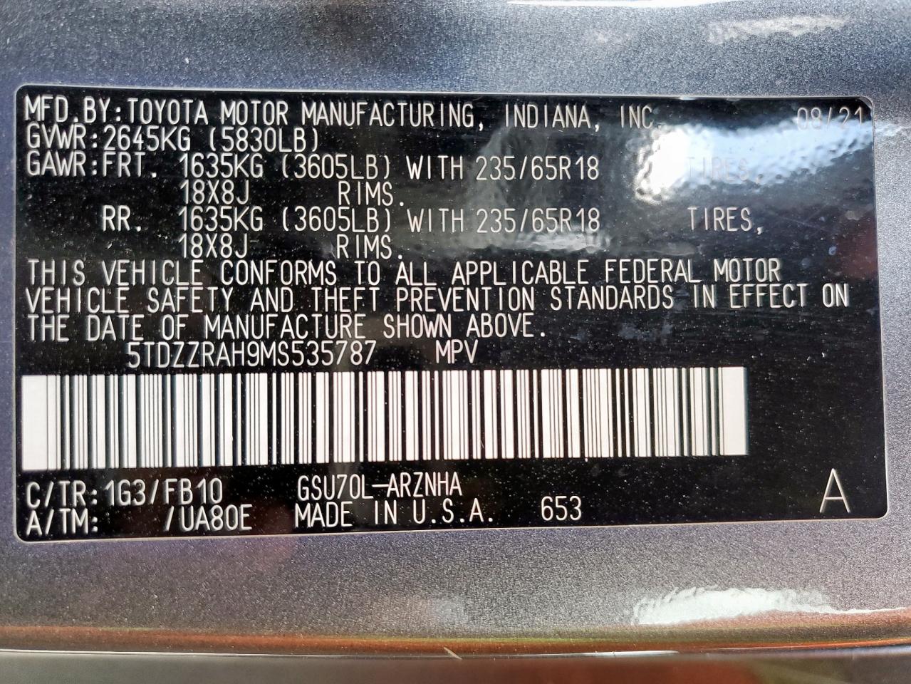 2021 Toyota Highlander L VIN: 5TDZZRAH9MS535787 Lot: 81727785