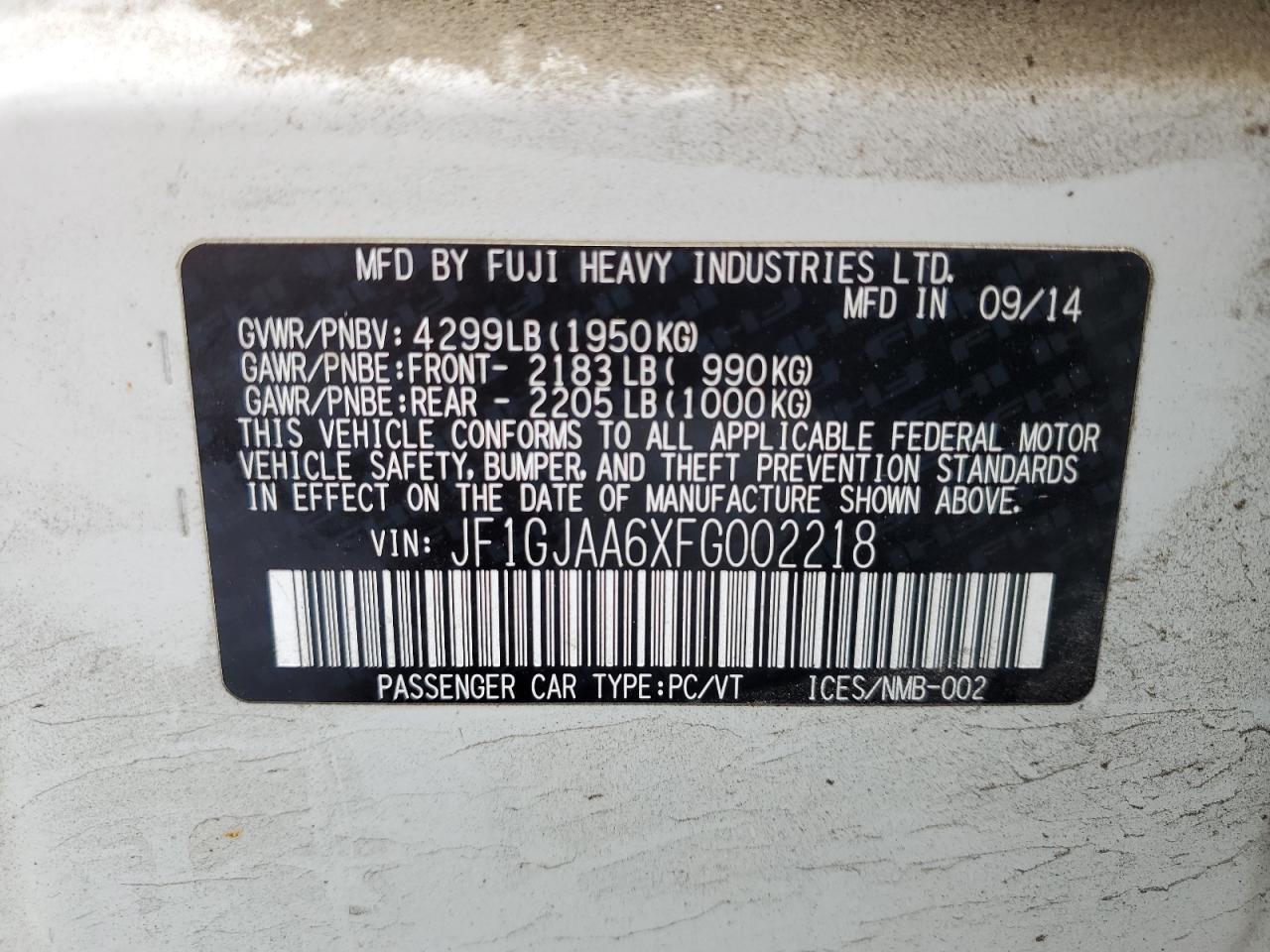 2015 Subaru Impreza VIN: JF1GJAA6XFG002218 Lot: 81781675