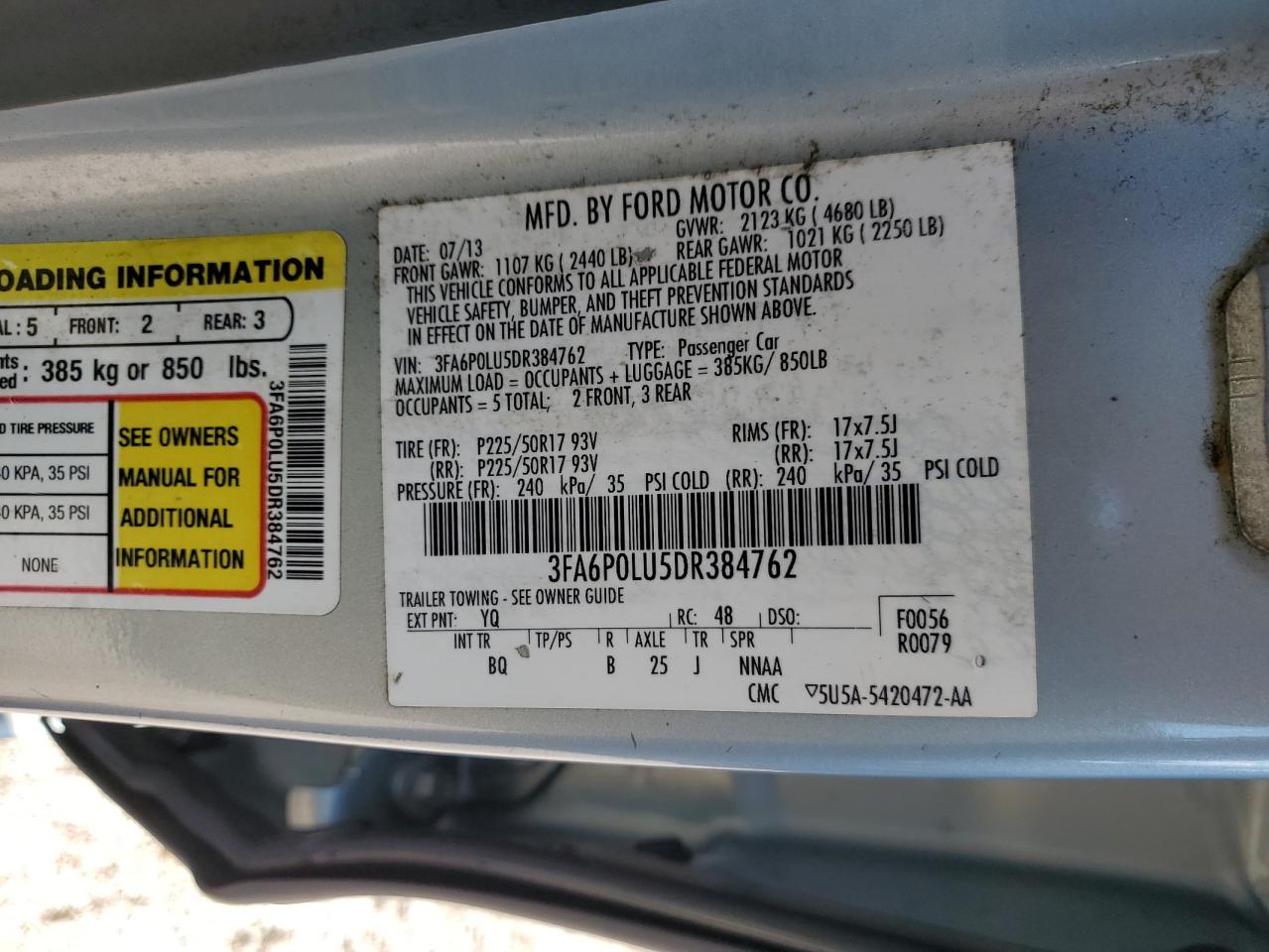 2013 Ford Fusion Se Hybrid VIN: 3FA6P0LU5DR384762 Lot: 81886545