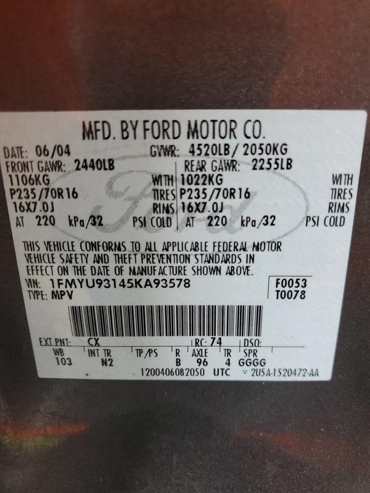 2005 Ford Escape Xlt VIN: 1FMYU93145KA93578 Lot: 71261465