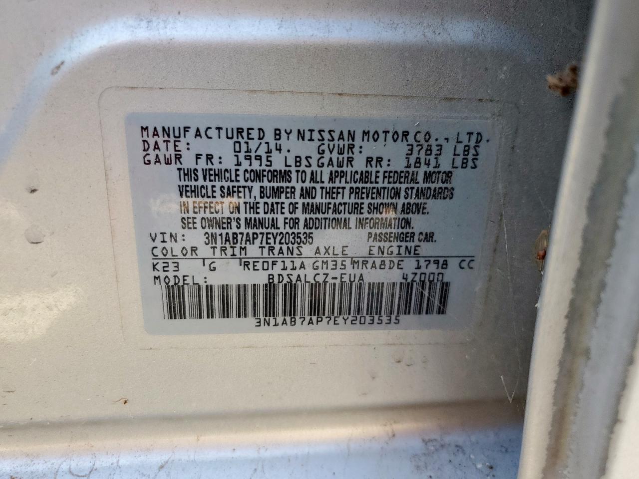 2014 Nissan Sentra S VIN: 3N1AB7AP7EY203535 Lot: 71931635