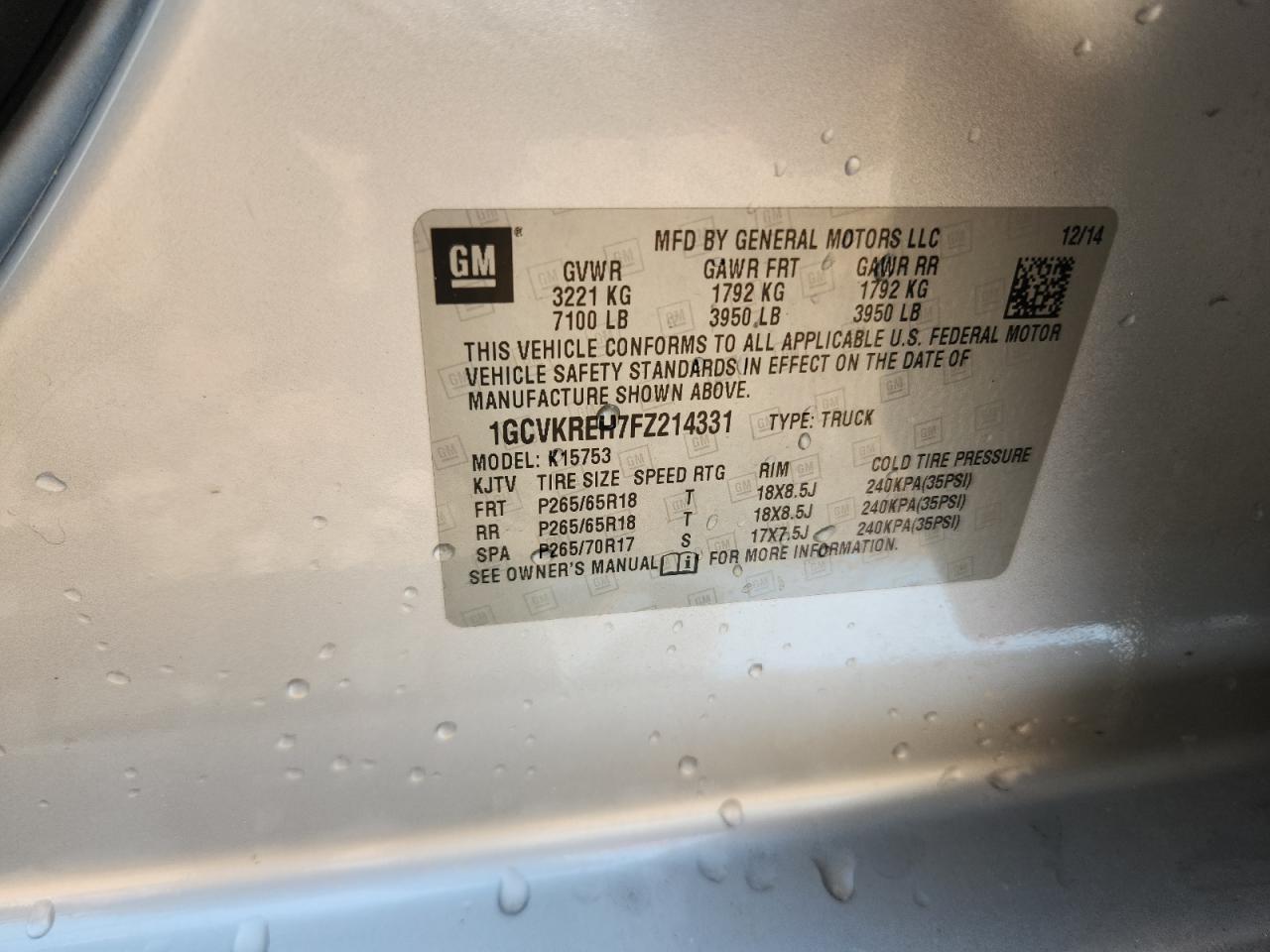 2015 Chevrolet Silverado K1500 Lt VIN: 1GCVKREH7FZ214331 Lot: 81473755