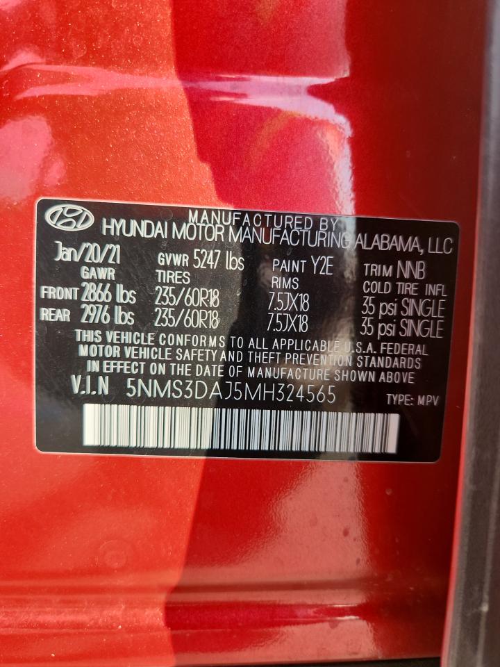 2021 Hyundai Santa Fe Sel VIN: 5NMS3DAJ5MH324565 Lot: 71841385