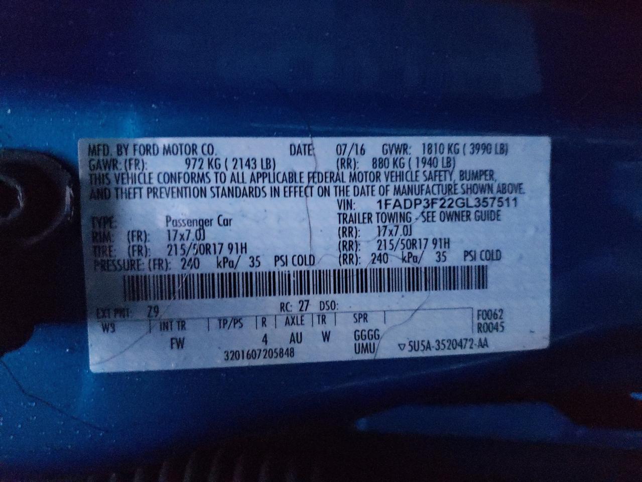 2016 Ford Focus Se VIN: 1FADP3F22GL357511 Lot: 84590905