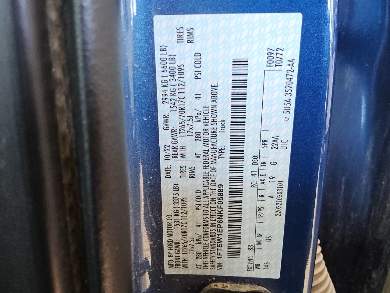 2022 Ford F150 Supercrew VIN: 1FTEW1EP6NKF05889 Lot: 71953805