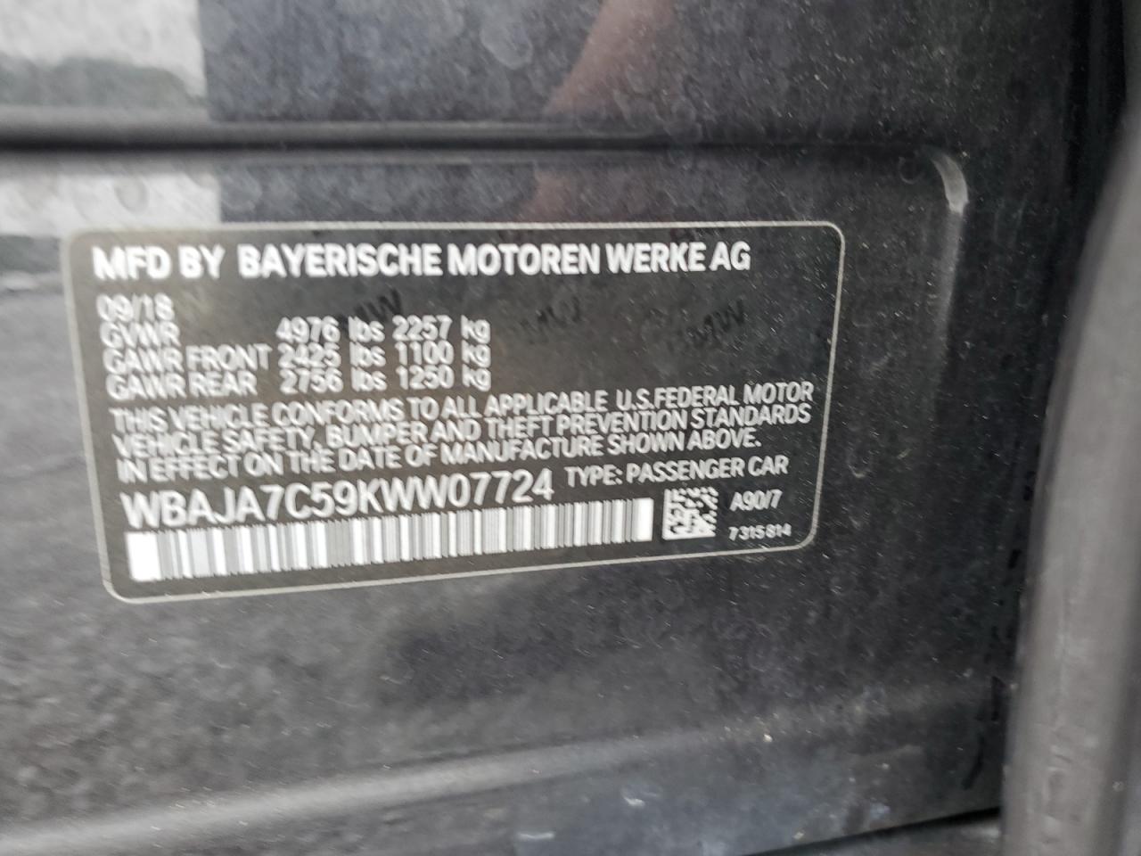 2019 BMW 530 Xi VIN: WBAJA7C59KWW07724 Lot: 81435145