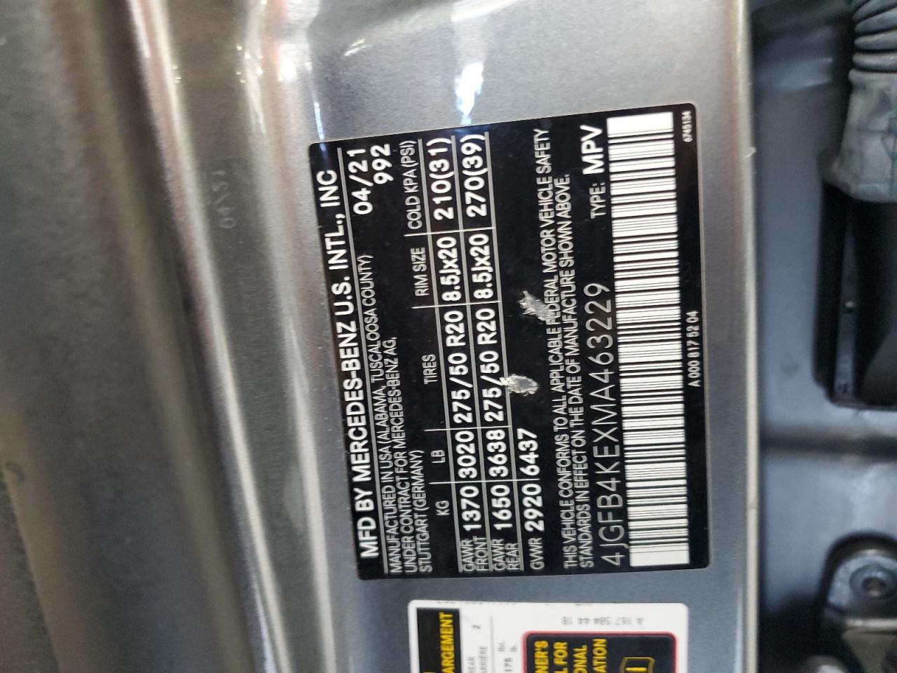 2021 Mercedes-Benz Gle 350 4Matic VIN: 4JGFB4KEXMA463229 Lot: 82029155