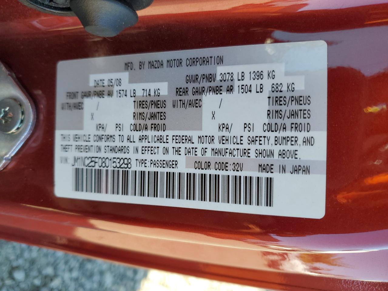 2008 Mazda Mx-5 Miata VIN: JM1NC25F080153298 Lot: 81751485