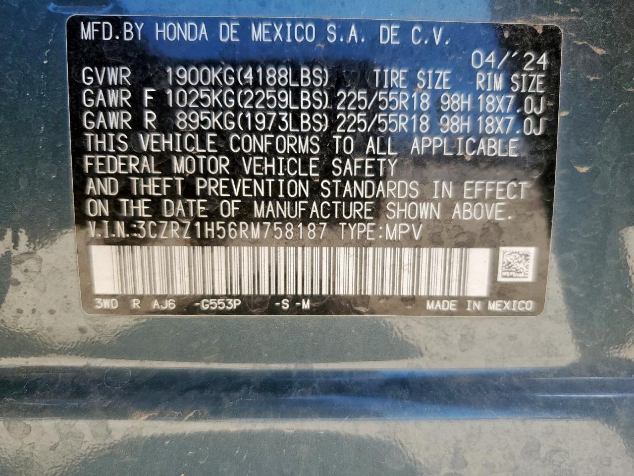 2024 Honda Hr-V Sport VIN: 3CZRZ1H56RM758187 Lot: 71537105