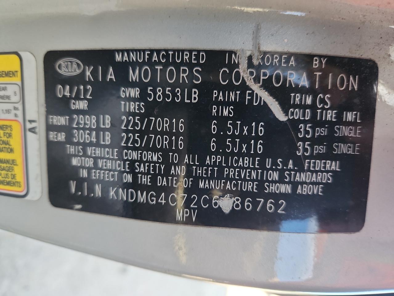 2012 Kia Sedona Lx VIN: KNDMG4C72C6486762 Lot: 80348545