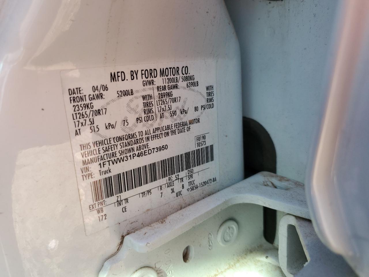 2006 Ford F350 Srw Super Duty VIN: 1FTWW31P46ED73950 Lot: 84289565