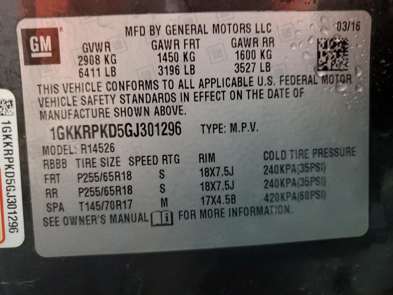 2016 GMC Acadia Sle VIN: 1GKKRPKD5GJ301296 Lot: 71720915