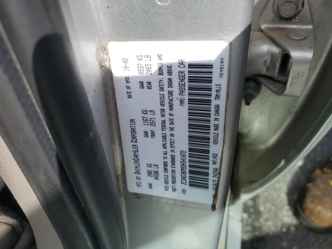 2003 Chrysler Concorde Lxi VIN: 2C3AD36M93H541072 Lot: 80778575