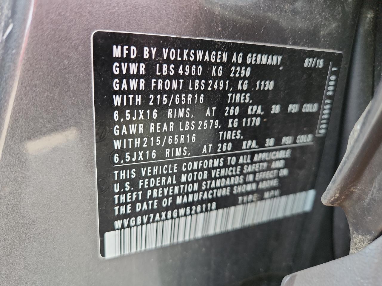 2016 Volkswagen Tiguan S VIN: WVGBV7AX8GW526118 Lot: 85056385