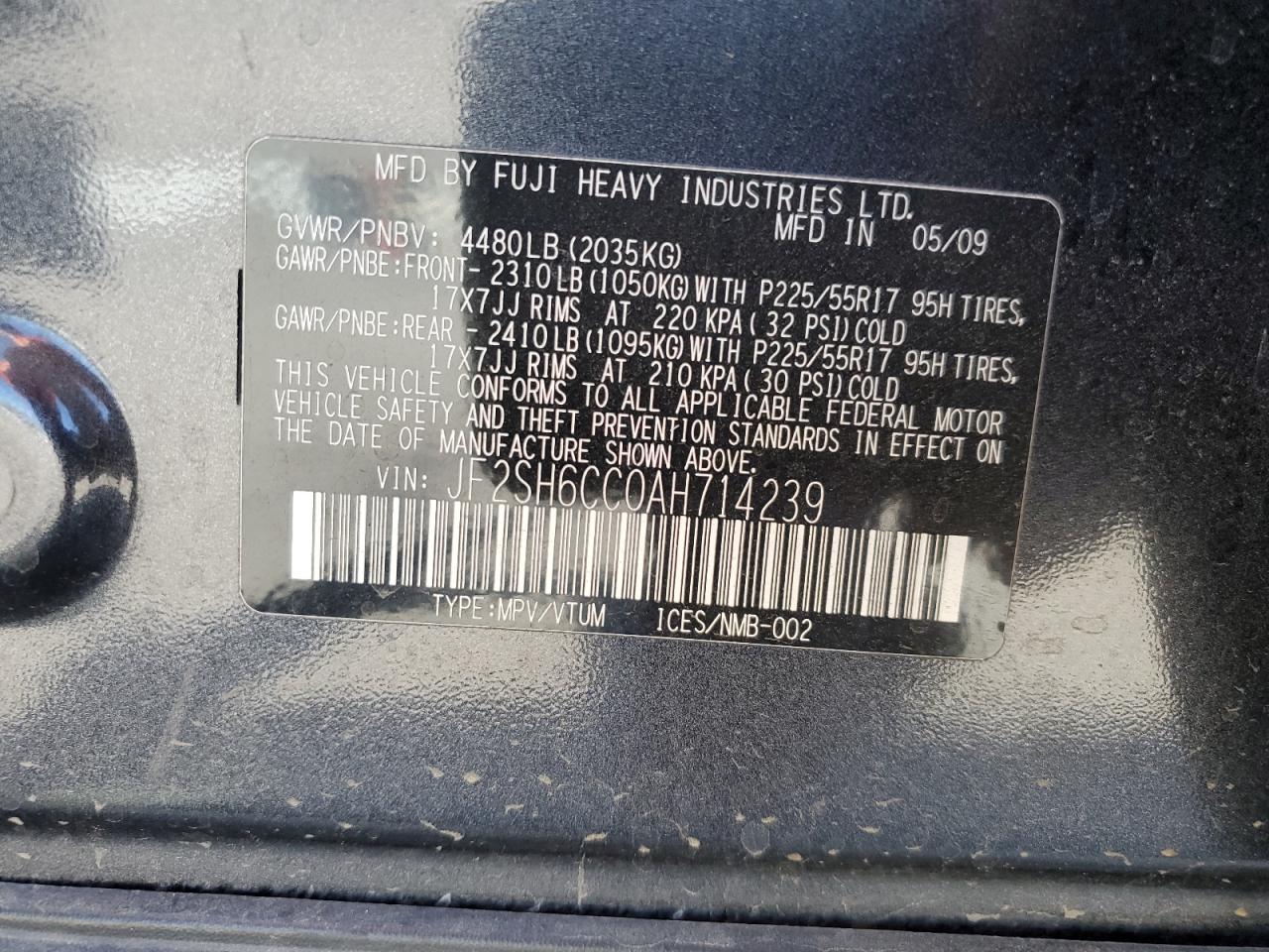 2010 Subaru Forester 2.5X Premium VIN: JF2SH6CC0AH714239 Lot: 71533495