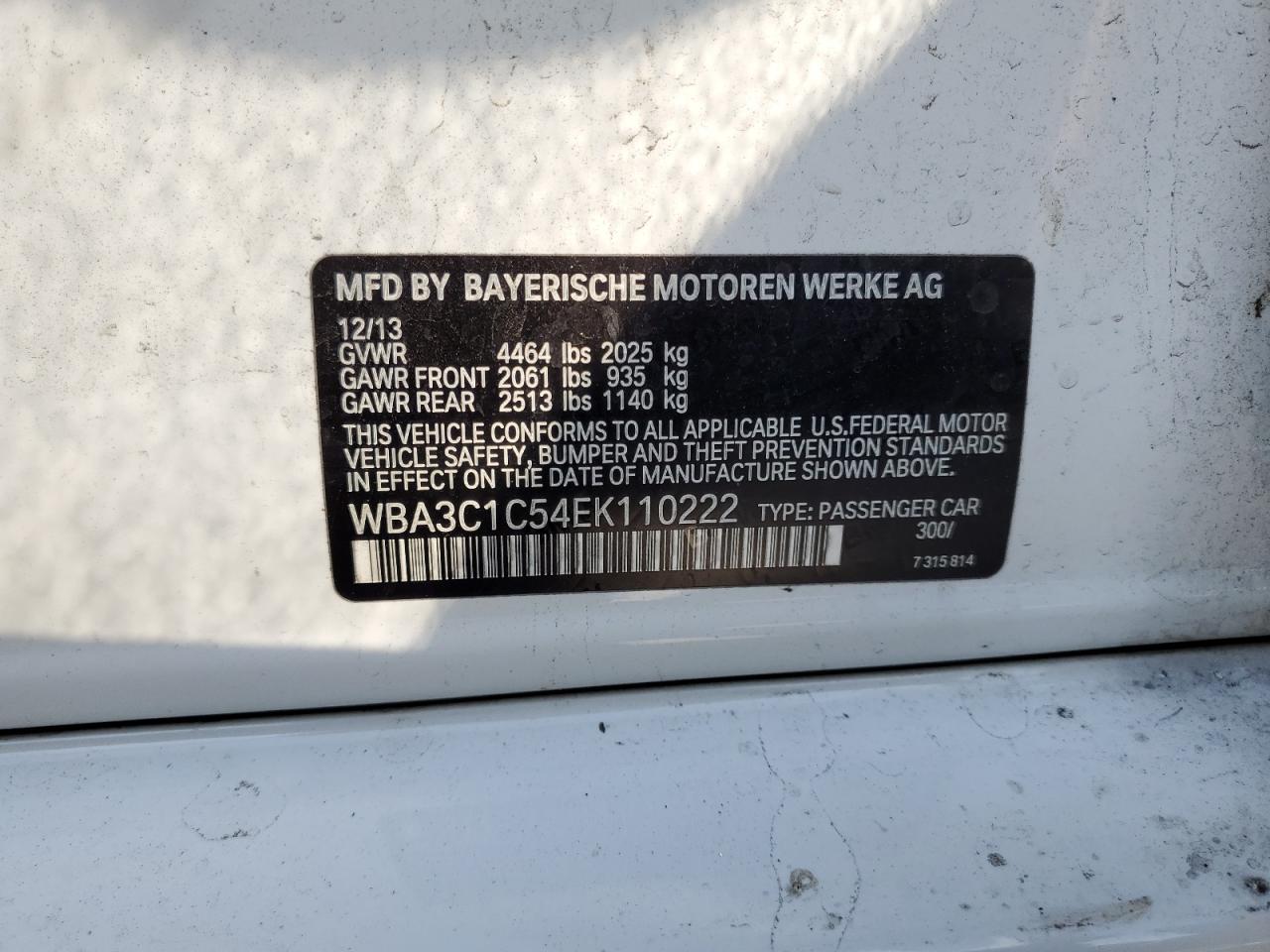 2014 BMW 328 I Sulev VIN: WBA3C1C54EK110222 Lot: 84961065