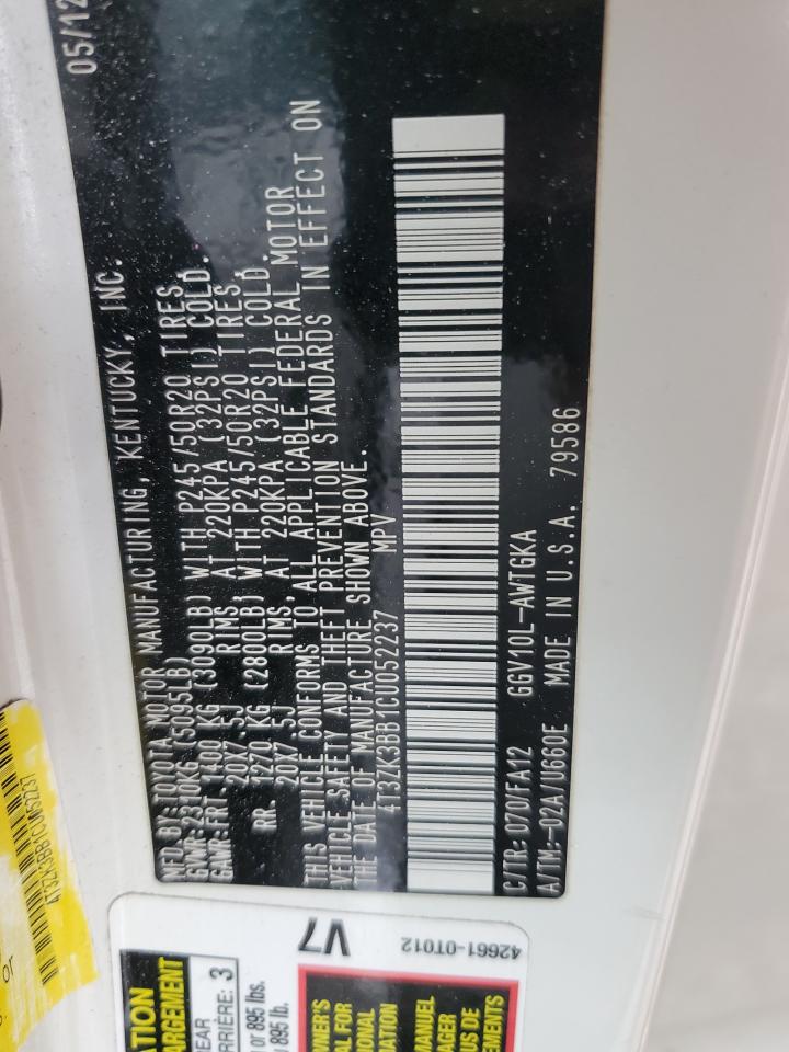 2012 Toyota Venza Le VIN: 4T3ZK3BB1CU052237 Lot: 84431595