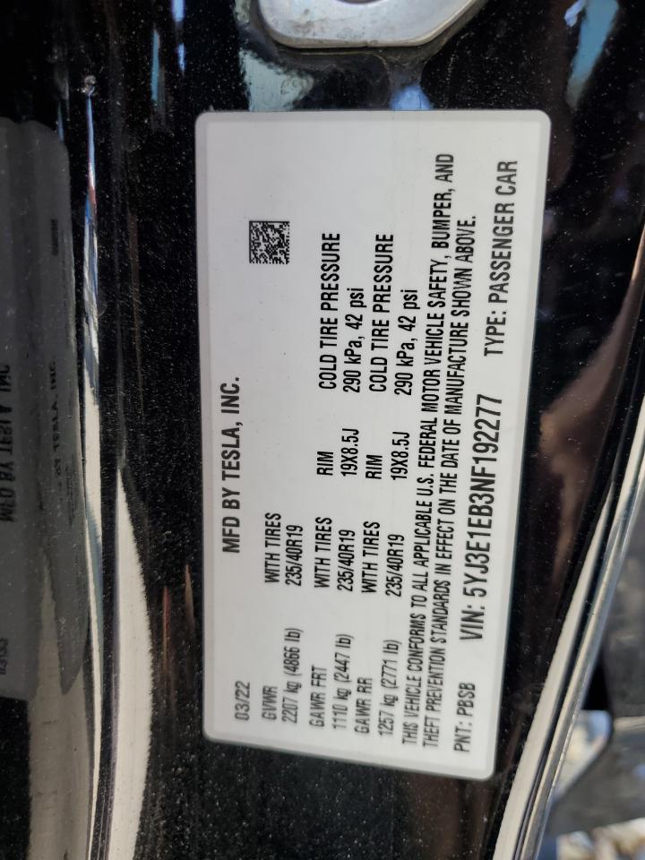 2022 Tesla Model 3 VIN: 5YJ3E1EB3NF192277 Lot: 80107875