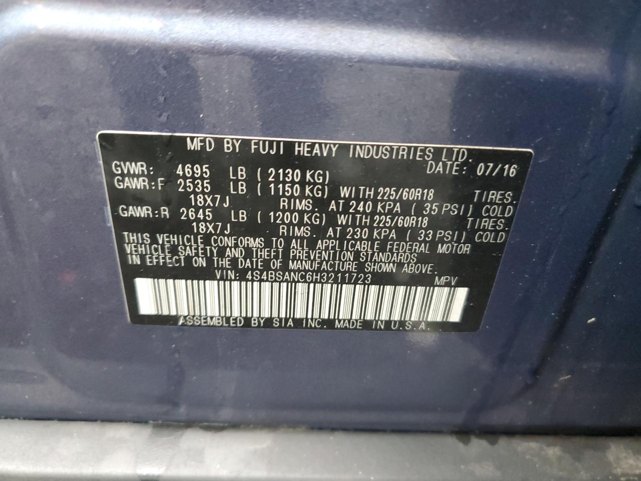 2017 Subaru Outback 2.5I Limited VIN: 4S4BSANC6H3211723 Lot: 81770695