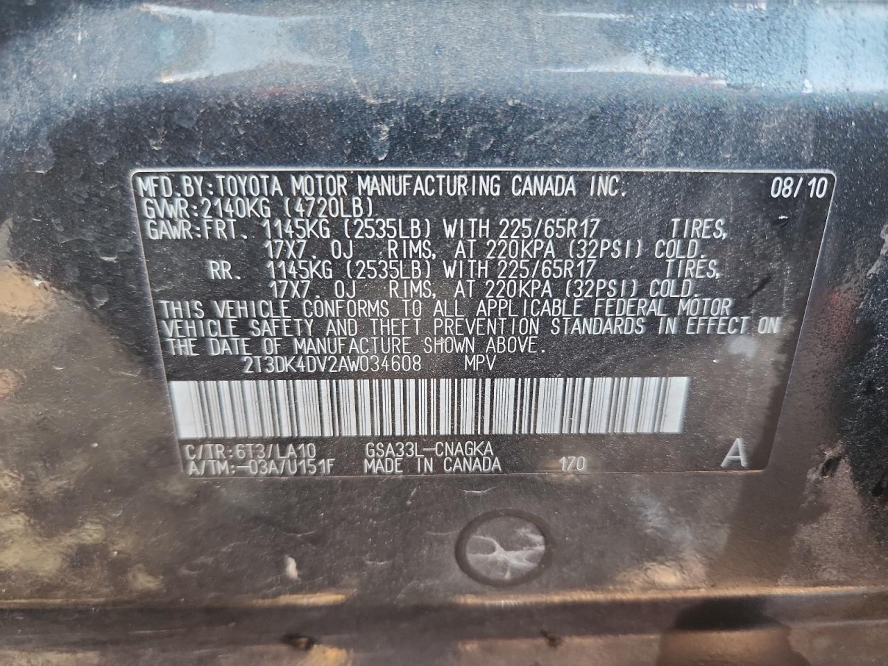 2010 Toyota Rav4 Limited VIN: 2T3DK4DV2AW034608 Lot: 80732265