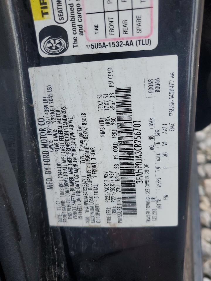 2012 Ford Fusion Sel VIN: 3FAHP0JA3CR256701 Lot: 80334415