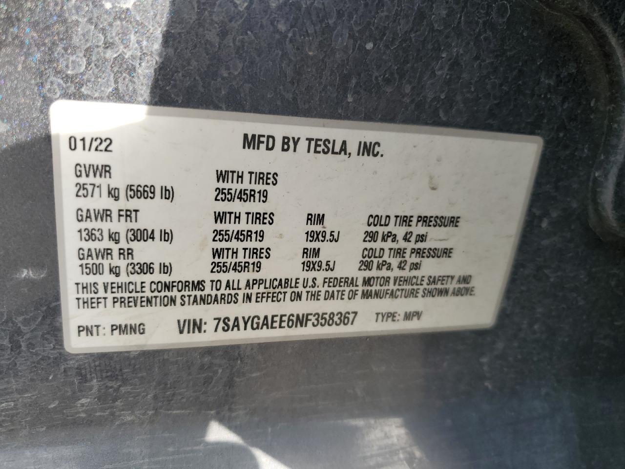 2022 Tesla Model Y VIN: 7SAYGAEE6NF358367 Lot: 84019785