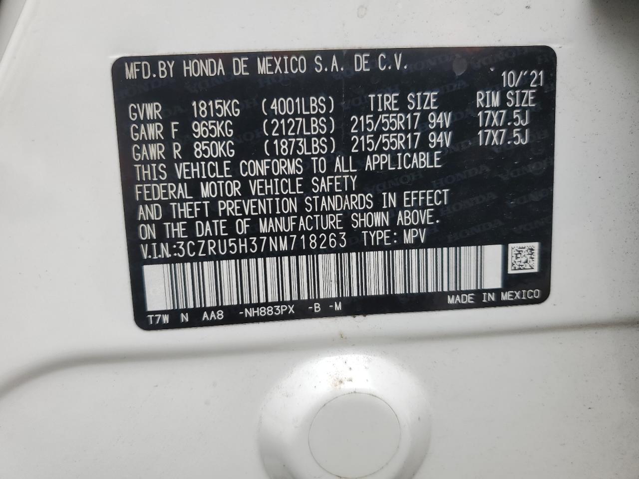 2022 Honda Hr-V Lx VIN: 3CZRU5H37NM718263 Lot: 80318805