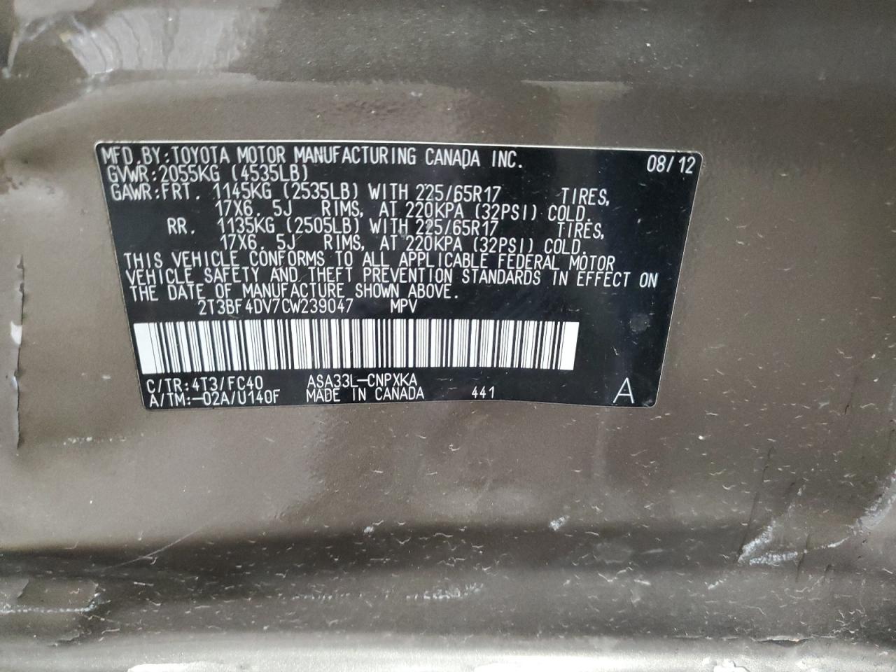 2012 Toyota Rav4 VIN: 2T3BF4DV7CW239047 Lot: 84422315