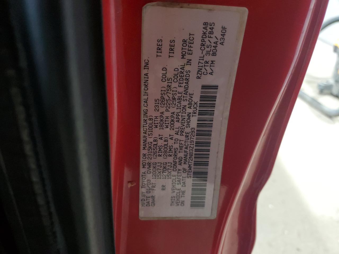 2003 Toyota Tacoma Xtracab VIN: 5TEWM72N83Z197293 Lot: 80056435