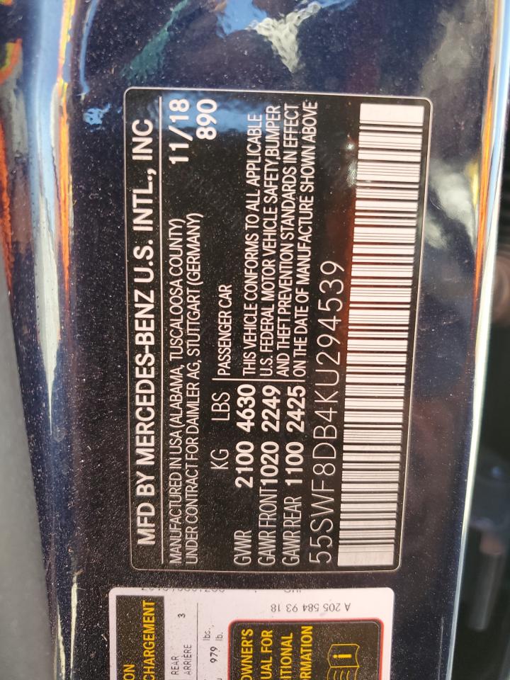 2019 Mercedes-Benz C 300 VIN: 55SWF8DB4KU294539 Lot: 71868755