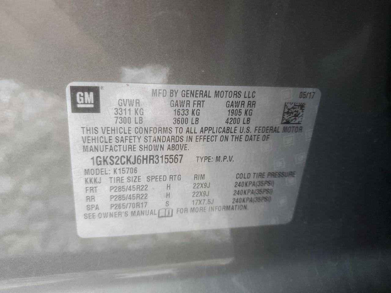 2017 GMC Yukon Denali VIN: 1GKS2CKJ6HR315567 Lot: 81454415