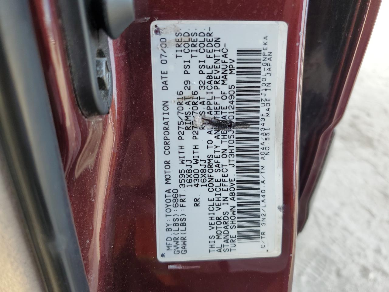 2000 Toyota Land Cruiser VIN: JT3HT05J1Y0124905 Lot: 84616065