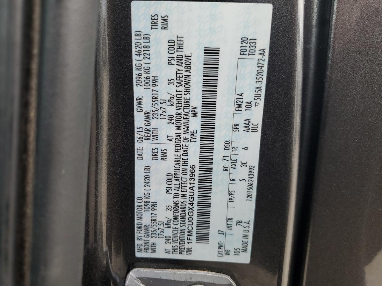 2016 Ford Escape Se VIN: 1FMCU0GX4GUA13966 Lot: 83766775