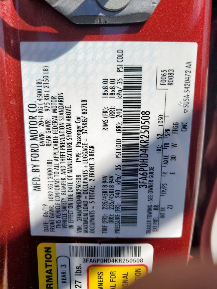 2019 Ford Fusion Se VIN: 3FA6P0HD4KR250508 Lot: 84749015