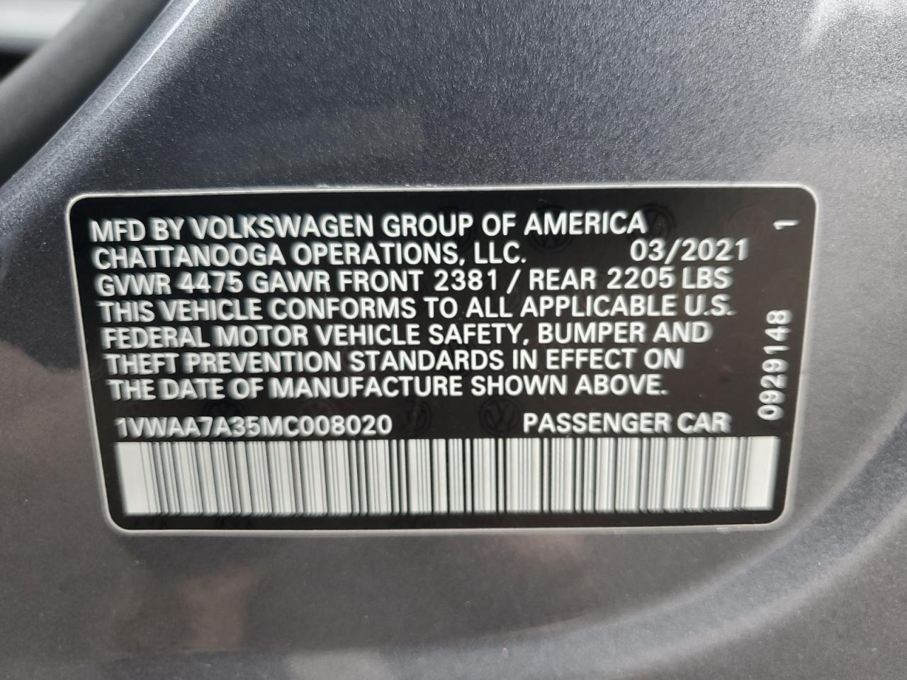 2021 Volkswagen Passat S VIN: 1VWAA7A35MC008020 Lot: 80267155