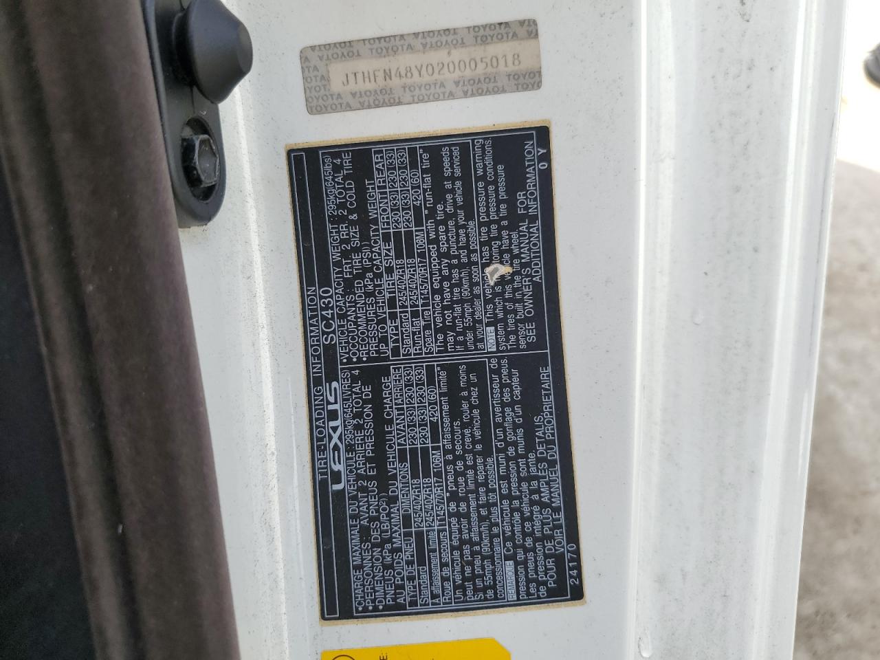 2002 Lexus Sc 430 VIN: JTHFN48Y020005018 Lot: 82085145