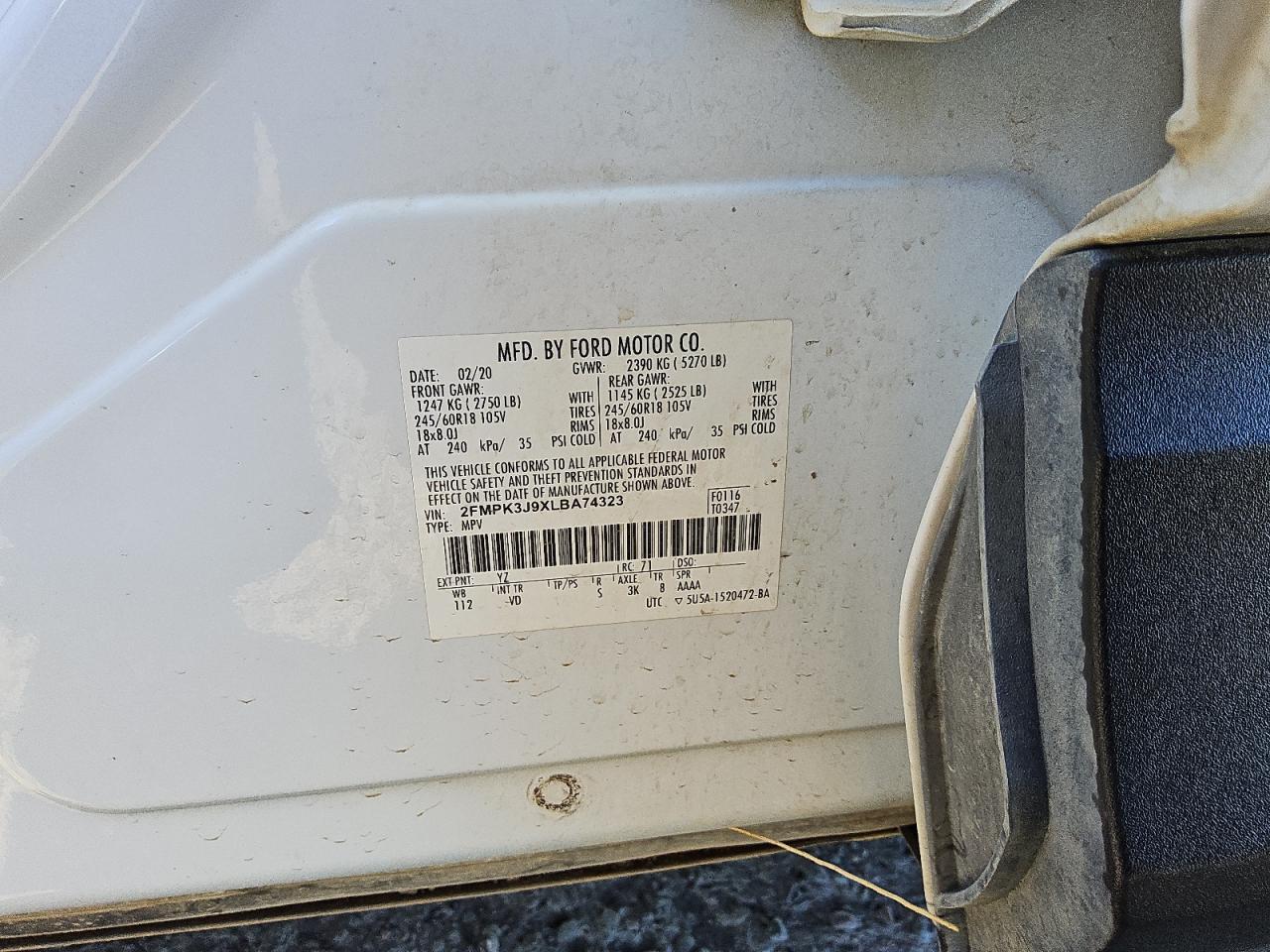 2020 Ford Edge Sel VIN: 2FMPK3J9XLBA74323 Lot: 80894035