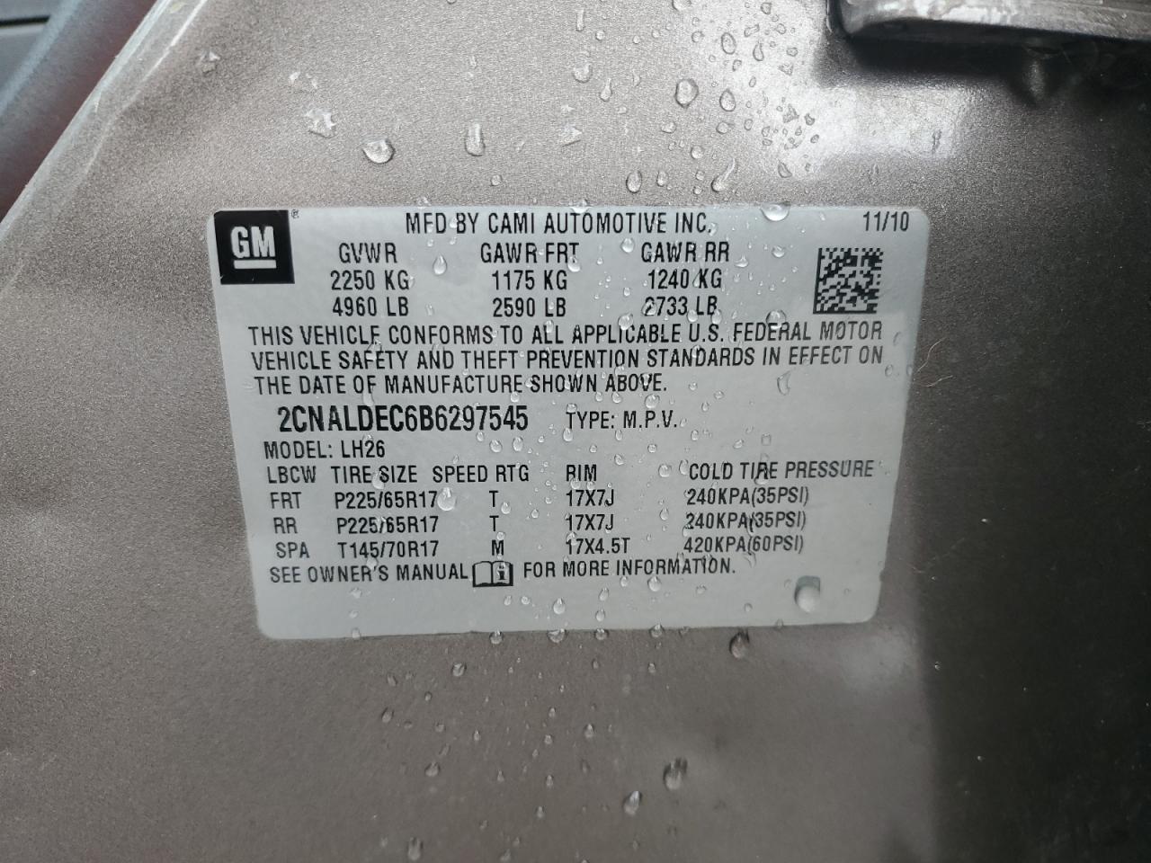 2011 Chevrolet Equinox Lt VIN: 2CNALDEC6B6297545 Lot: 80716615