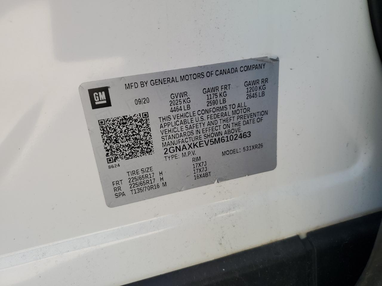 2021 Chevrolet Equinox Lt VIN: 2GNAXKEV5M6102463 Lot: 84003965