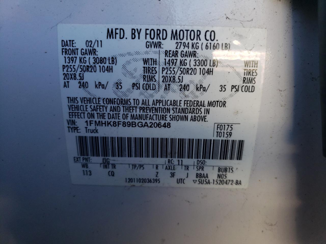 2011 Ford Explorer Limited VIN: 1FMHK8F89BGA20648 Lot: 80728655