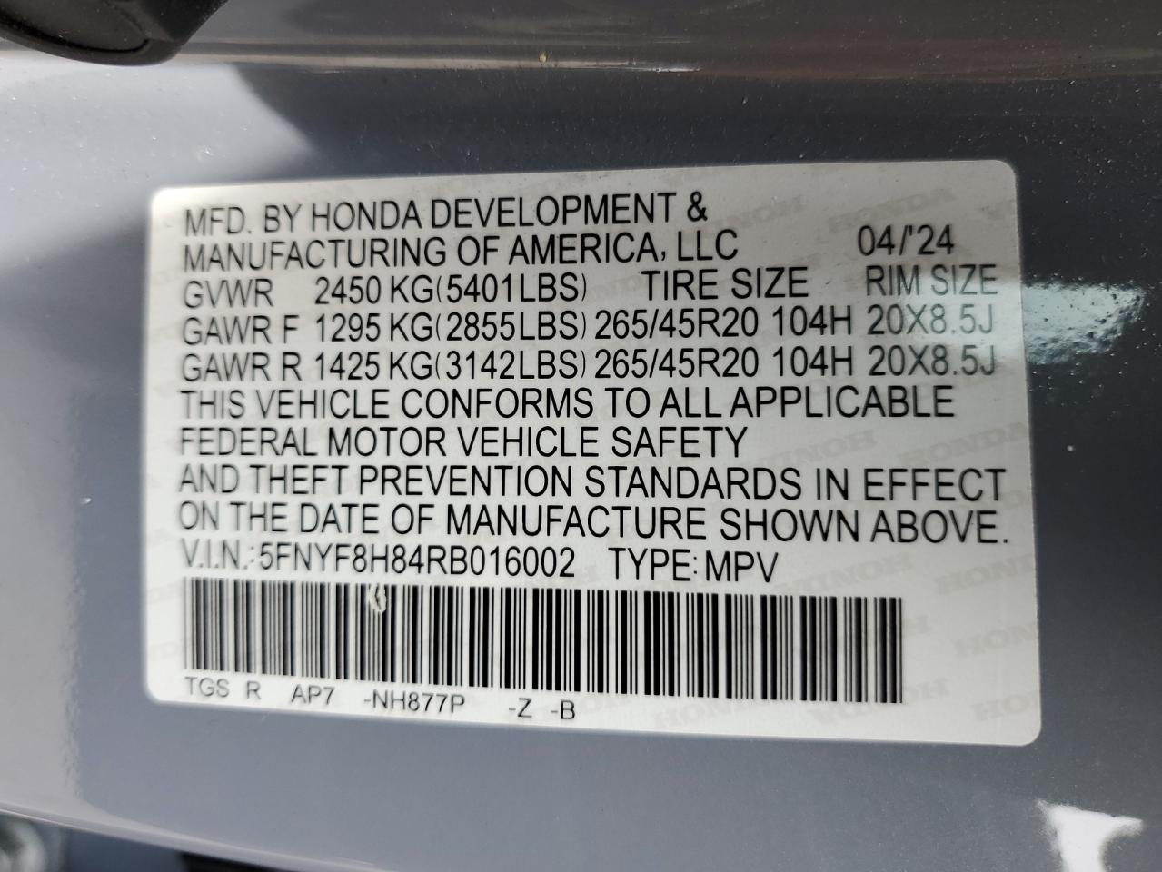 2024 Honda Passport Black Edition VIN: 5FNYF8H84RB016002 Lot: 82085245