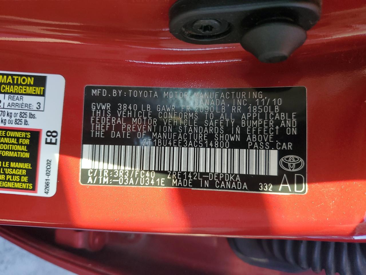 2010 Toyota Corolla Base VIN: 2T1BU4EE3AC514800 Lot: 81392795