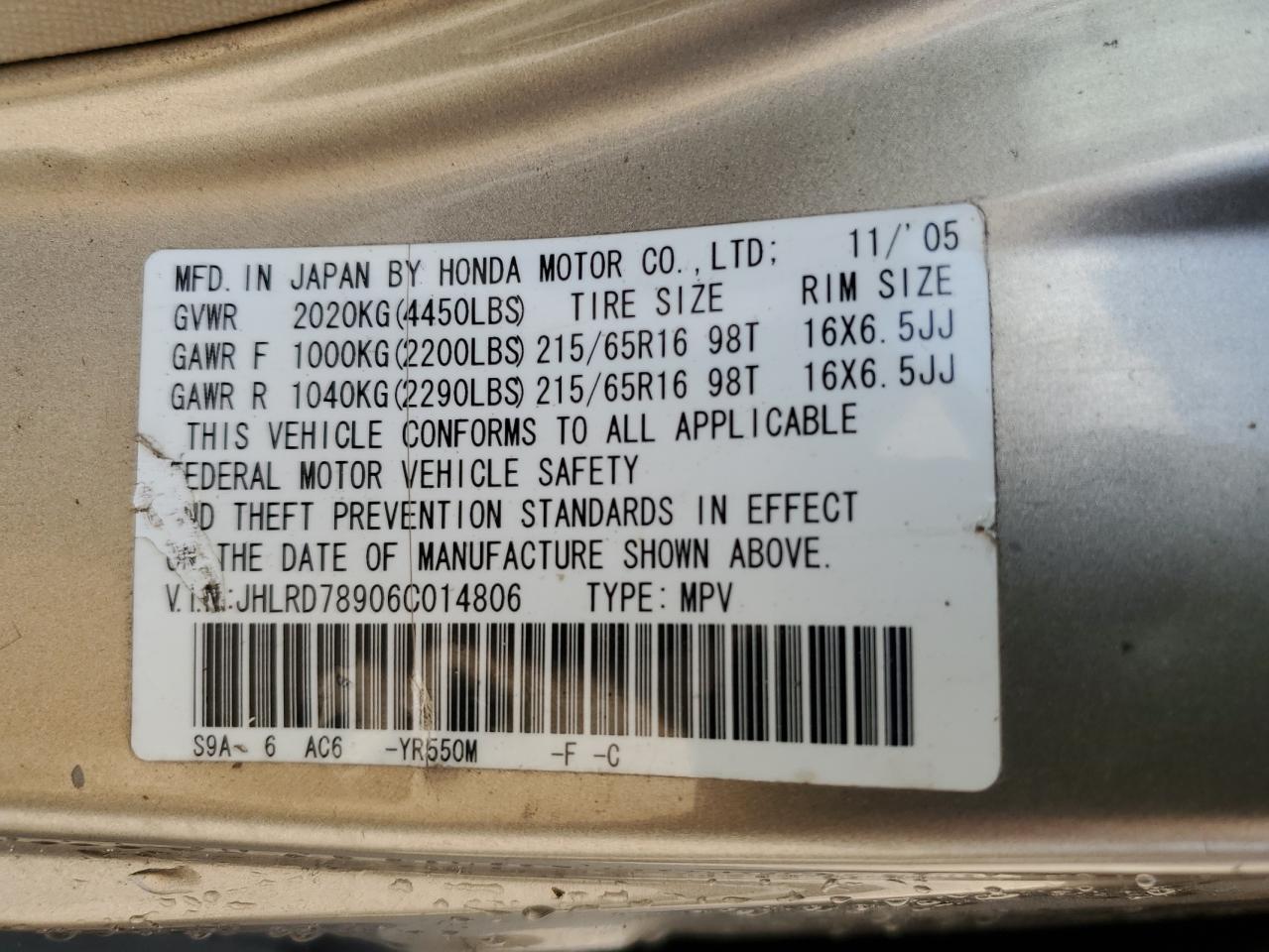 2006 Honda Cr-V Se VIN: JHLRD78906C014806 Lot: 81125275