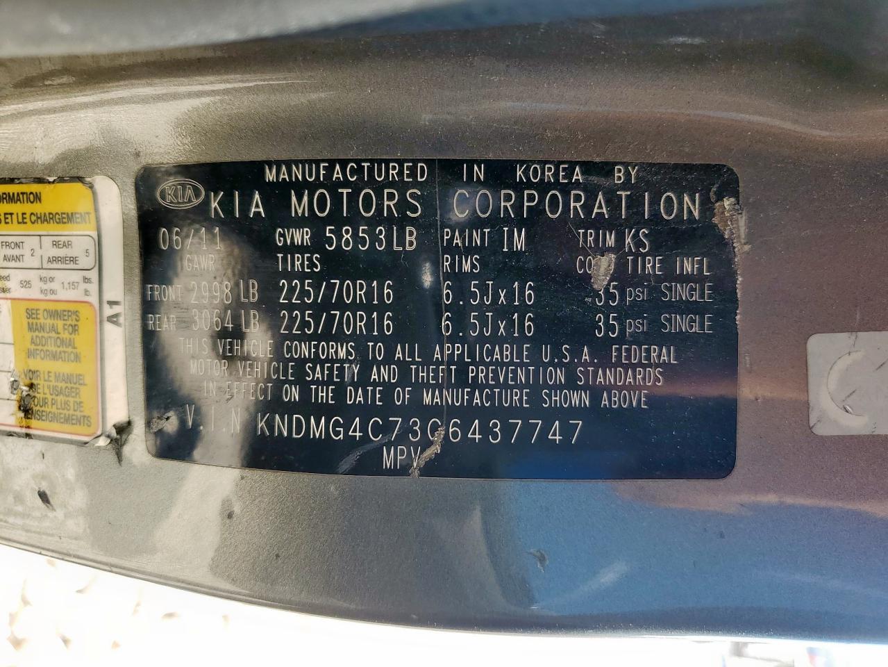 2012 Kia Sedona Lx VIN: KNDMG4C73C6437747 Lot: 80624555