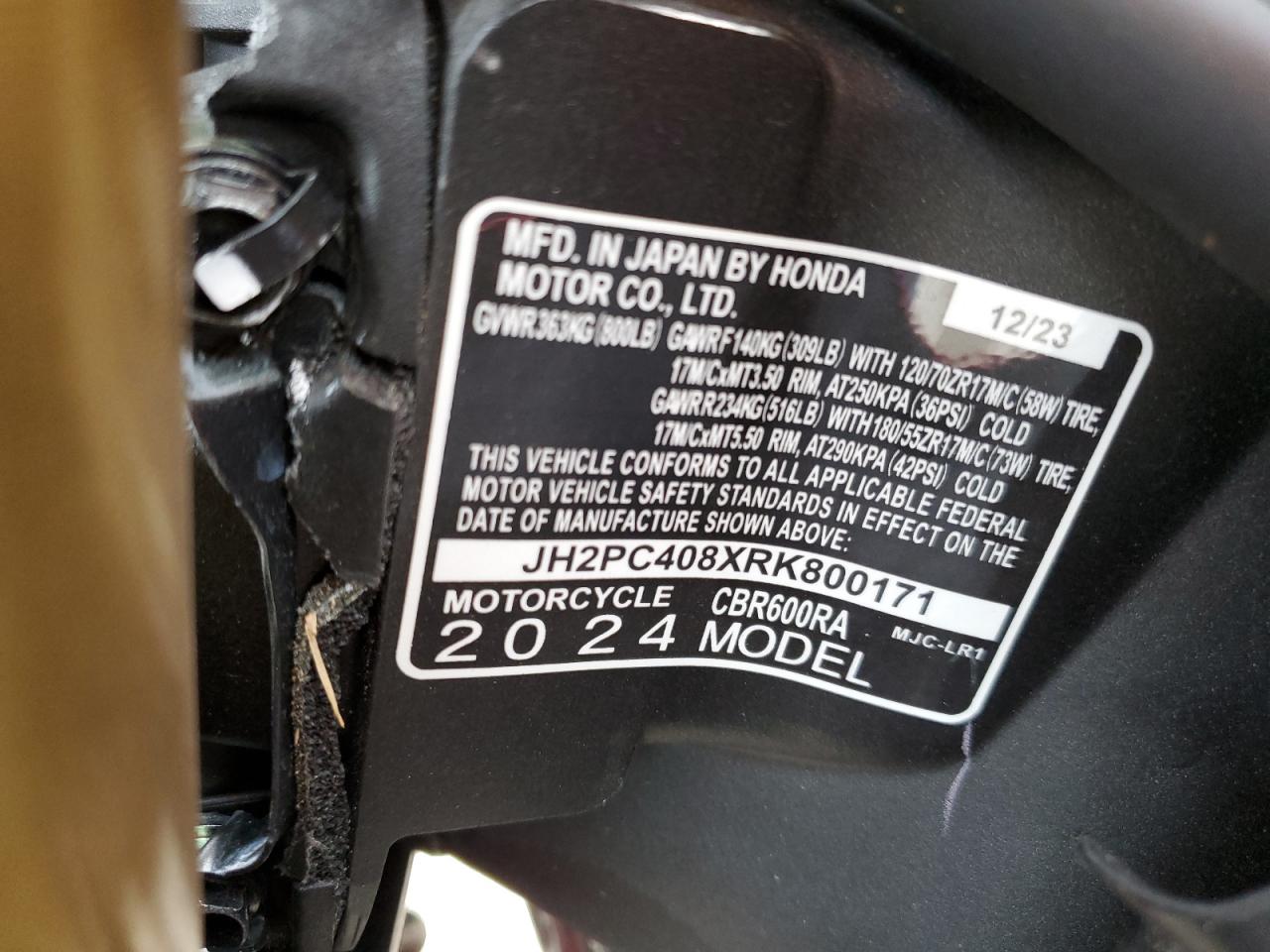 2024 Honda Cbr600 Ra VIN: JH2PC408XRK800171 Lot: 71463235